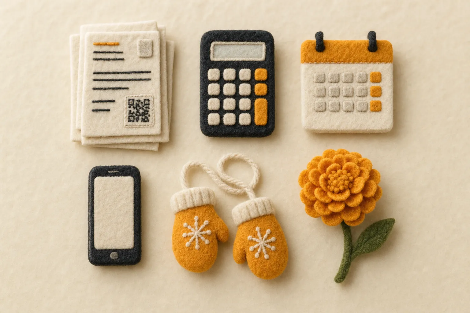 A felt flatlay of the tools of Kita admin: an invoice with a QR code, a calculator, a calendar, a phone, mittens, and a marigold bloom