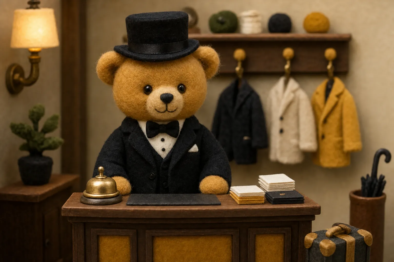 A felt butler bear in a top hat and tailcoat behind a concierge desk with a brass bell and neat stacks of finished paperwork, coats waiting on hooks behind him