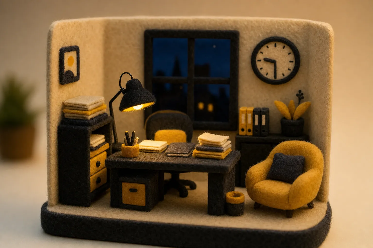 A felt night-time home office: a desk lit by a single lamp, binders and papers, a wall clock reading half past nine, a window onto a dark village
