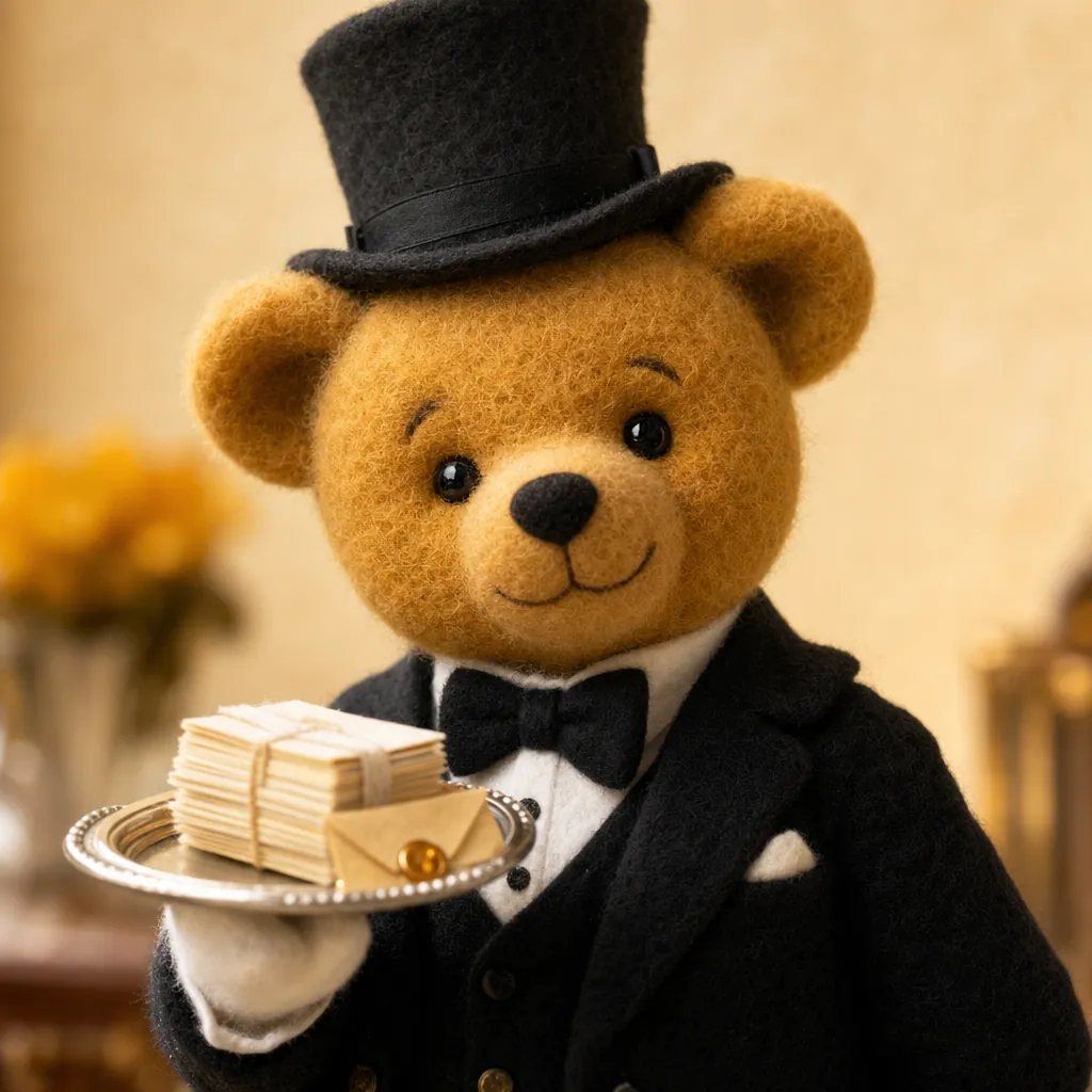The butler bear presenting a silver tray with a bundle of letters and a sealed gold envelope